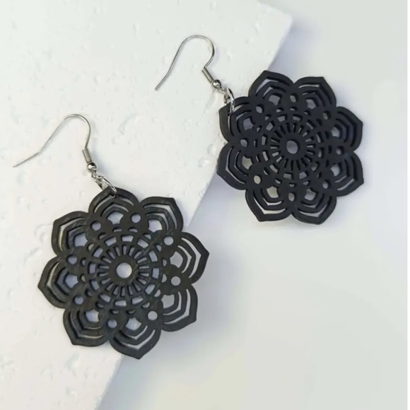 Black Flower Boho Wood Earrings - Picture 3 of 4